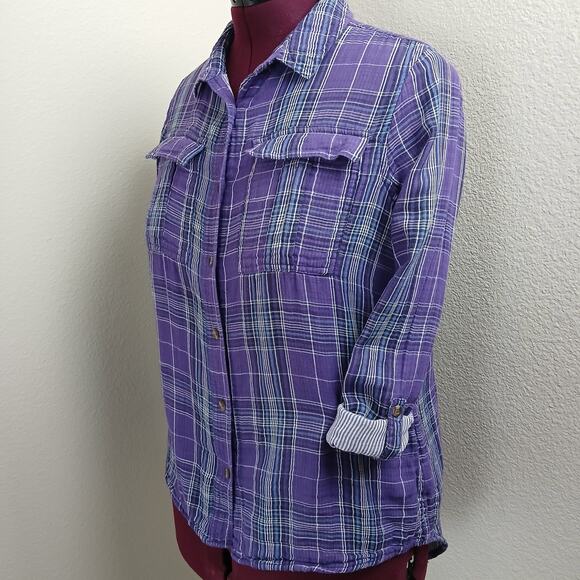 Great Northwest Clothing Company Tops - GNW Indigo Purple Plaid Double Layer Cotton Blouse M soft roll tab sleeves